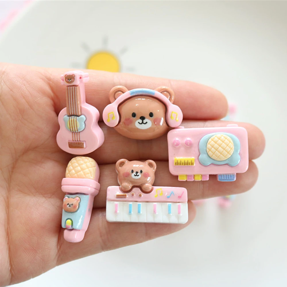 10PCS Shiny Bear Musical Instrument Resin Flatback Cabochons For Hairpin Scrapbooking DIY Jewelry Craft Decoration Accessories