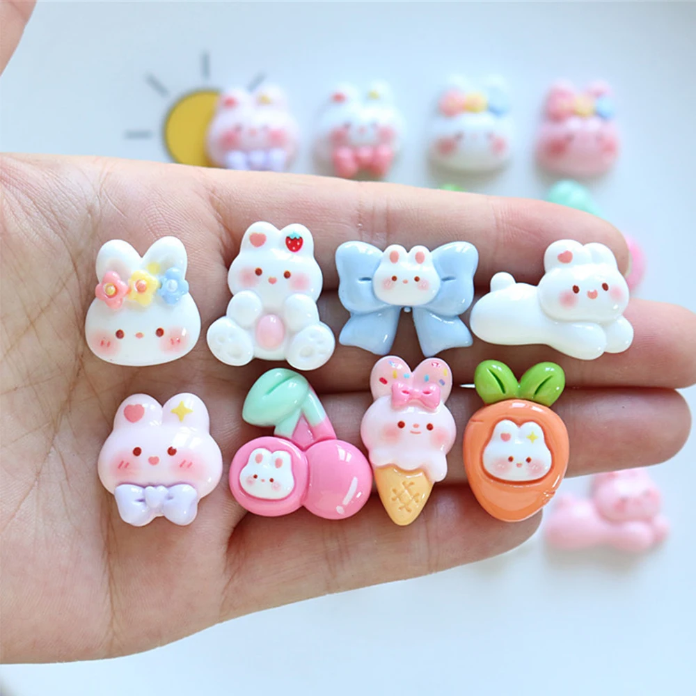 10PCS Shiny Love Pink White Rabbit Resin Flat Back Cabochons For Hairpin Scrapbooking DIY Jewelry Craft Decoration Accessories