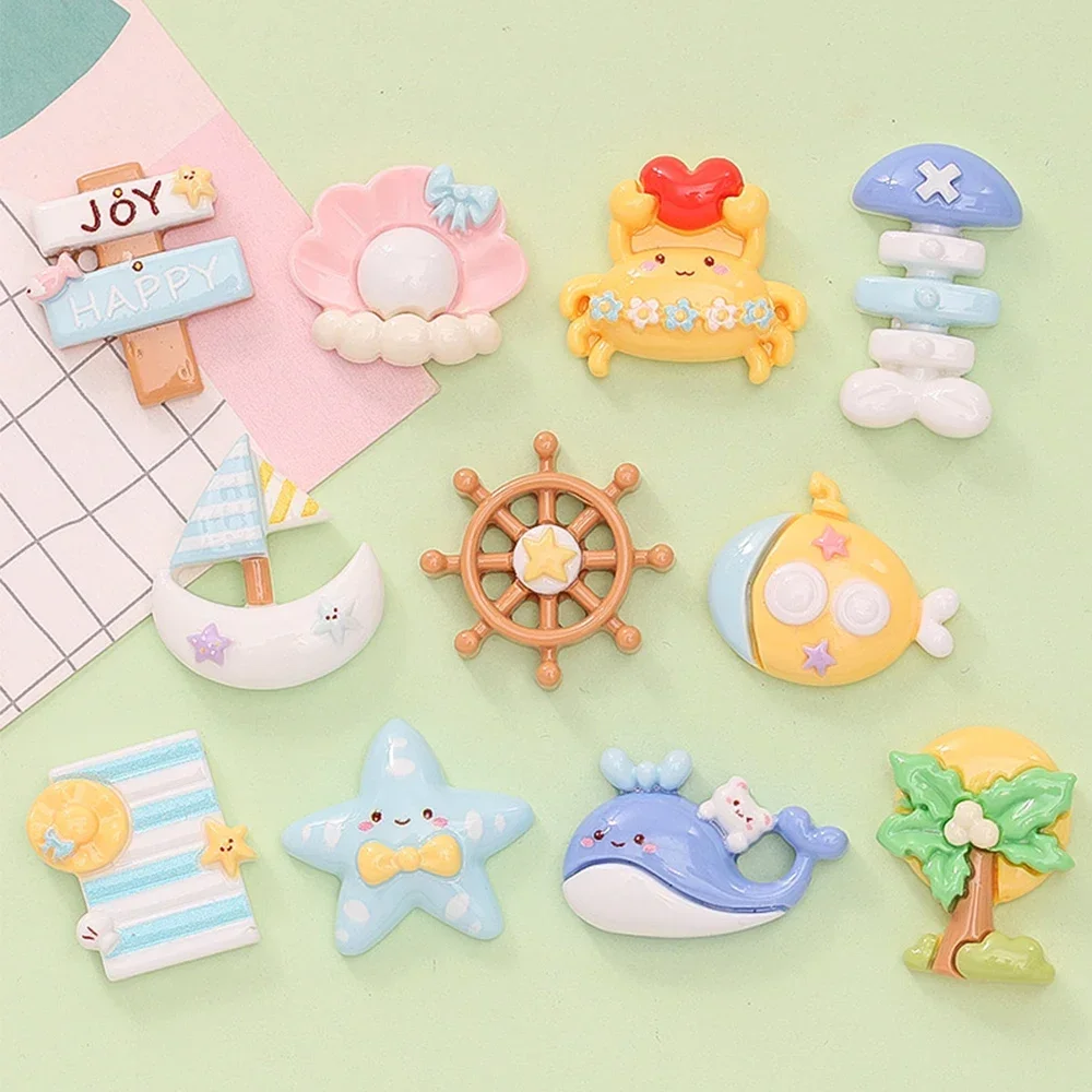 10PCS Shiny Sailboat Crab Series Resin Flat Back Cabochons For Hairpin Scrapbooking DIY Jewelry Craft Decoration Accessories