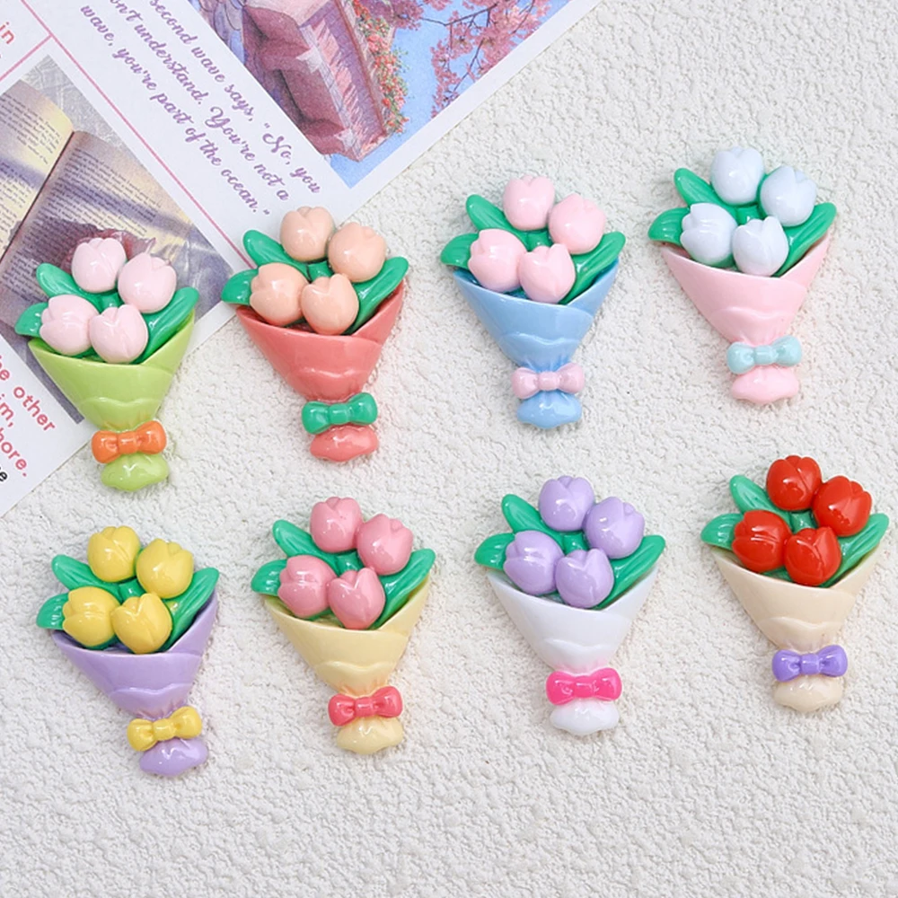 10PCS Shiny 34x25mm Tulip Bouquet Resin Flatback Cabochons For Hairpin Scrapbooking DIY Jewelry Craft Decoration Accessories