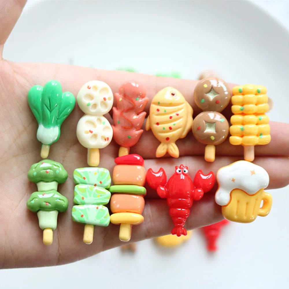 10PCS Shiny Barbecue Skewers Series Resin Flat Back Cabochons For Hairpin Scrapbooking DIY Jewelry Craft Decoration Accessories