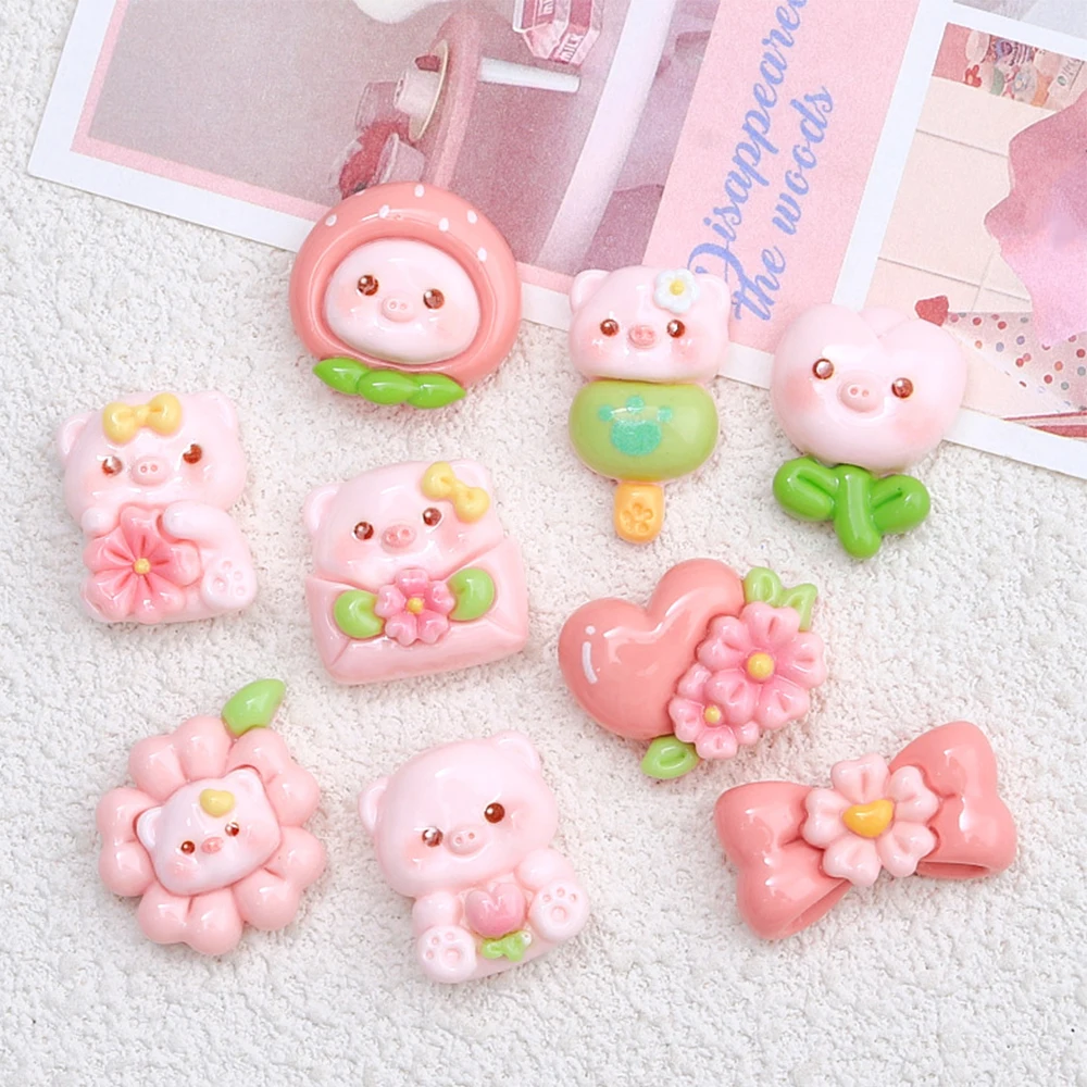 10PCS Shiny Flower Pig Series Resin Flatback Cabochons For Hairpin Scrapbooking DIY Jewelry Craft Decoration Accessories