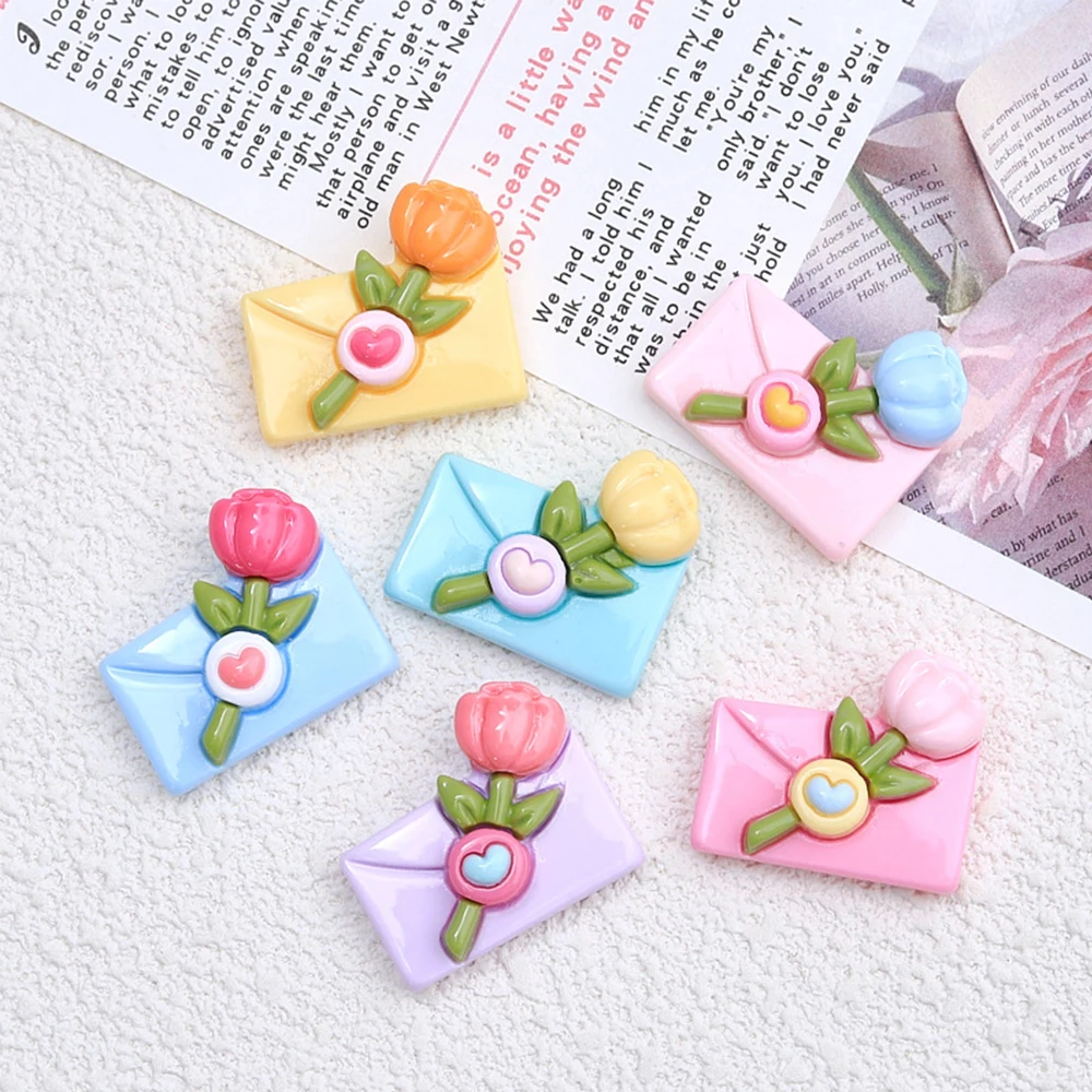 10PCS Shiny Flower Envelope Series Resin Flatback Cabochons For Hairpin Scrapbooking DIY Jewelry Craft Decoration Accessories