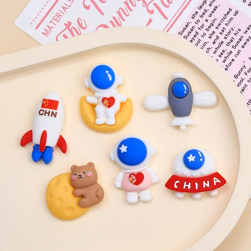 10pcs/lot Cartoon Astronaut Rocket Earth Space Series Stone Figurine Resin Flat Back DIY Hair Accessories Phone Decoration