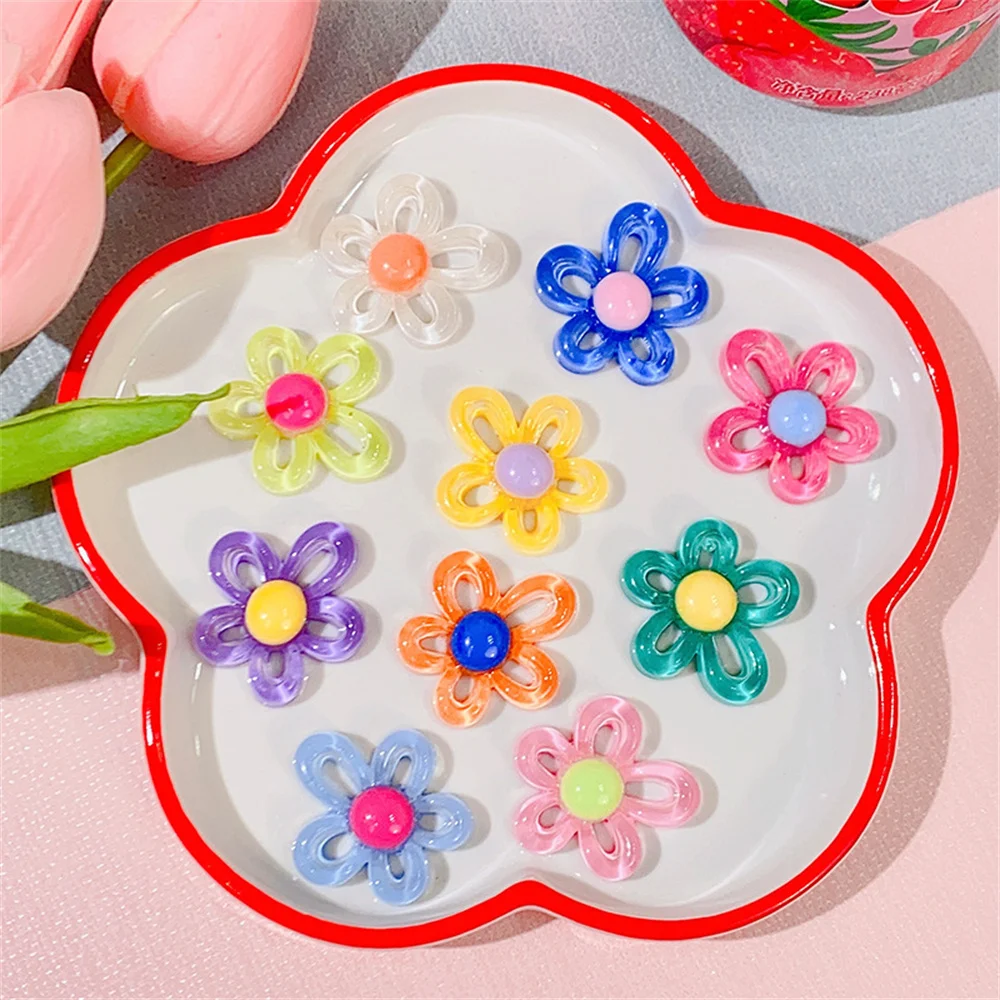 20Pcs Colorful Transparent Hollow Flowers Resin Accessories Kawaii DIY Scrapbooking Decor Phone Case Storage Box Patch Materials