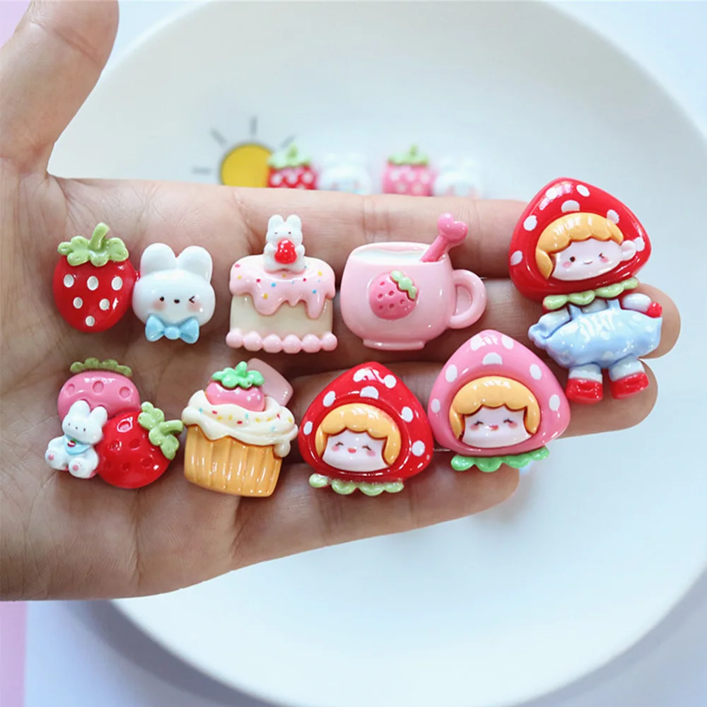 10PCS Shiny Strawberry Girl Series Resin Flat Back Cabochons For Hairpin Scrapbooking DIY Jewelry Craft Decoration Accessories