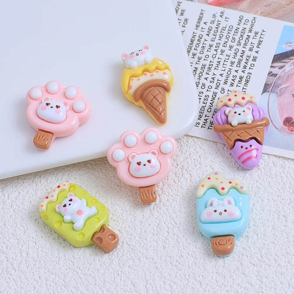 3pcs/lot New Cute Resin Mini Cartoon Bear Popsicle Series Flat Back Manicure Parts Embellishments For Hair Bows Accessories