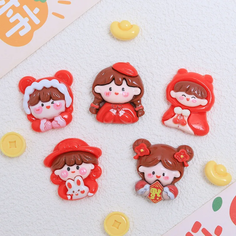 10pcs/lot New Year Lucky Girl Flatback Resin Cabochons Scrapbooking For Phone Decoration Crafts DIY Jewelry Making Accessories